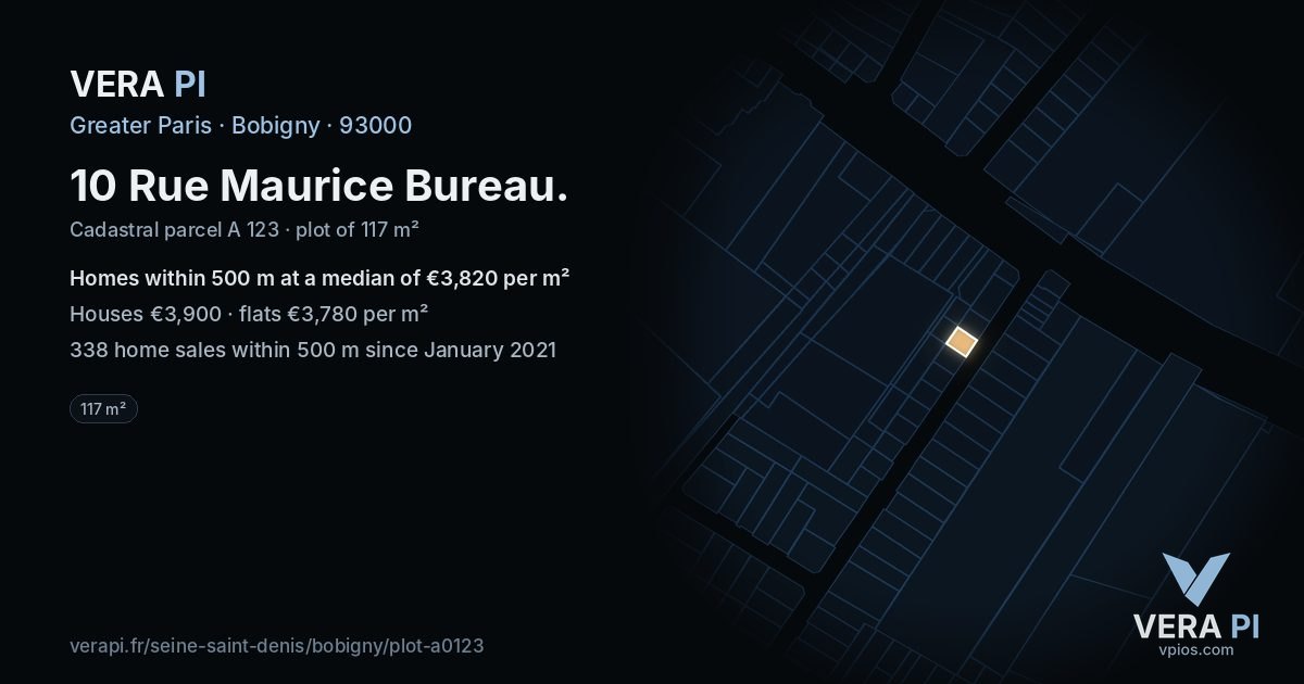 10 Rue Maurice Bureau, Bobigny at night – the plot lit, the parcels around coloured by the prices near them