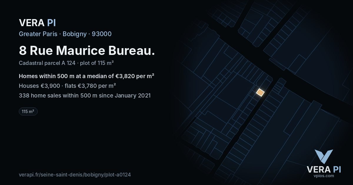 8 Rue Maurice Bureau, Bobigny at night – the plot lit, the parcels around coloured by the prices near them