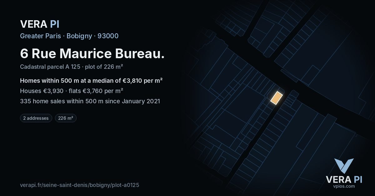 6 Rue Maurice Bureau, Bobigny at night – the plot lit, the parcels around coloured by the prices near them