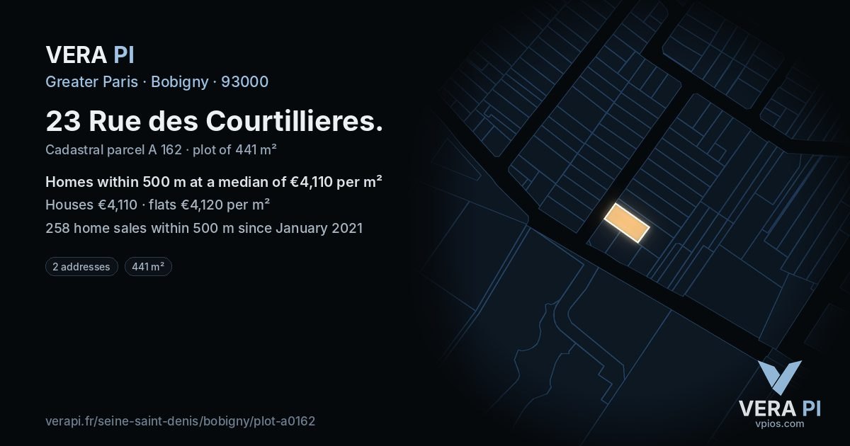 23 Rue des Courtillieres, Bobigny at night – the plot lit, the parcels around coloured by the prices near them