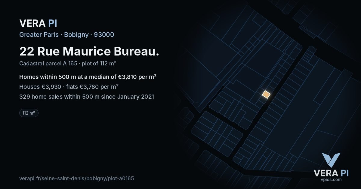 22 Rue Maurice Bureau, Bobigny at night – the plot lit, the parcels around coloured by the prices near them