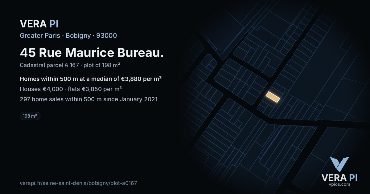 45 Rue Maurice Bureau, Bobigny at night – the plot lit, the parcels around coloured by the prices near them
