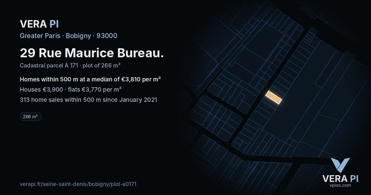 29 Rue Maurice Bureau, Bobigny at night – the plot lit, the parcels around coloured by the prices near them