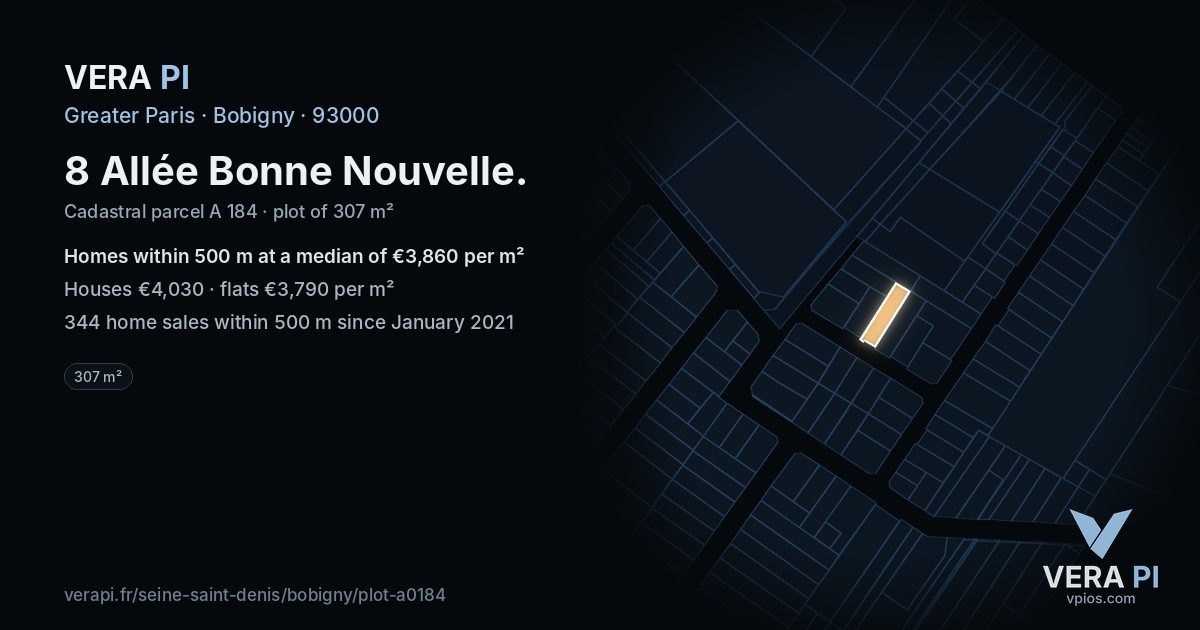 8 Allée Bonne Nouvelle, Bobigny at night – the plot lit, the parcels around coloured by the prices near them