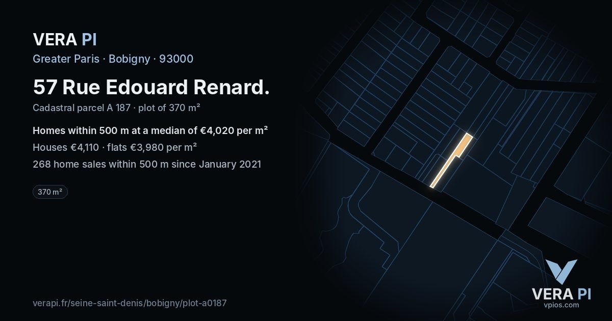 57 Rue Edouard Renard, Bobigny at night – the plot lit, the parcels around coloured by the prices near them
