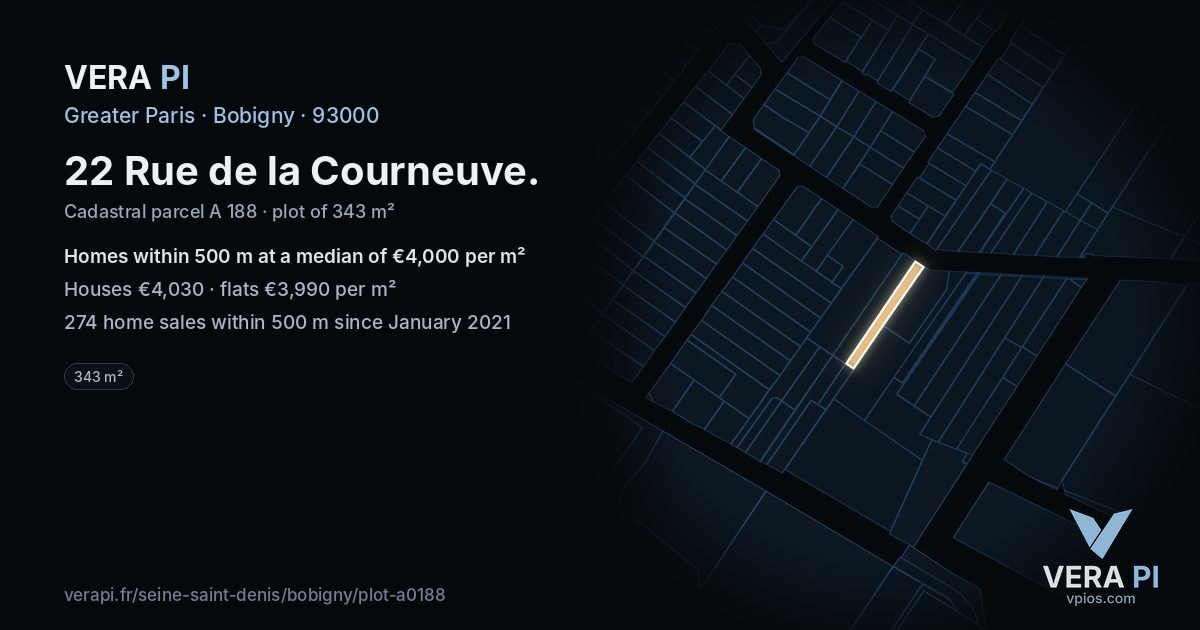 22 Rue de la Courneuve, Bobigny at night – the plot lit, the parcels around coloured by the prices near them