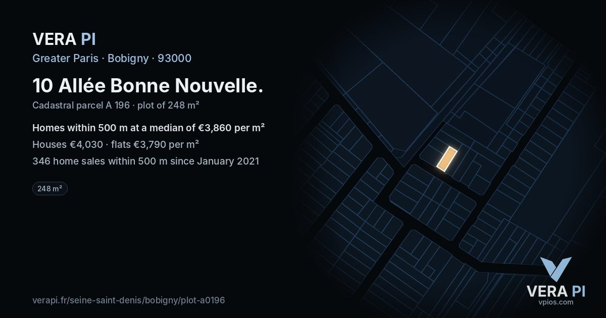 10 Allée Bonne Nouvelle, Bobigny at night – the plot lit, the parcels around coloured by the prices near them