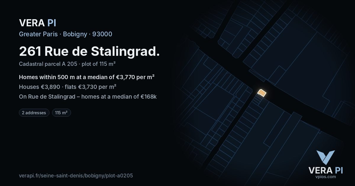 261 Rue de Stalingrad, Bobigny at night – the plot lit, the parcels around coloured by the prices near them