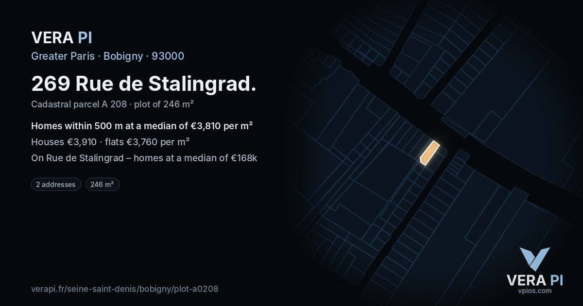 269 Rue de Stalingrad, Bobigny at night – the plot lit, the parcels around coloured by the prices near them