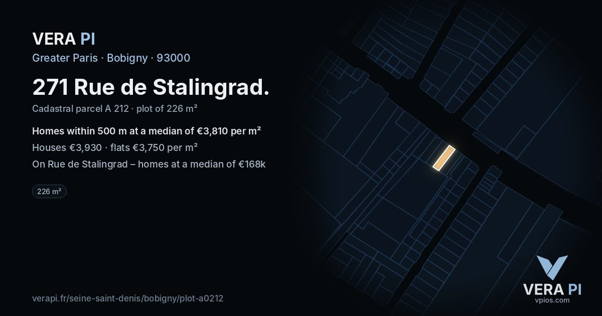 271 Rue de Stalingrad, Bobigny at night – the plot lit, the parcels around coloured by the prices near them