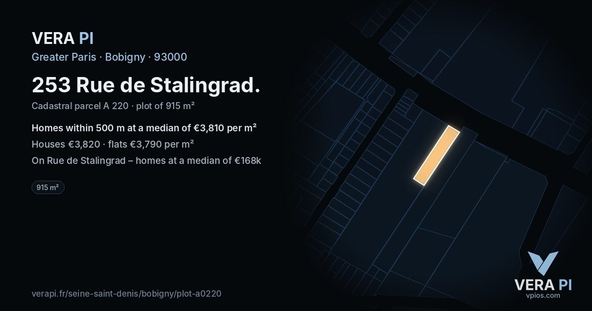 253 Rue de Stalingrad, Bobigny at night – the plot lit, the parcels around coloured by the prices near them