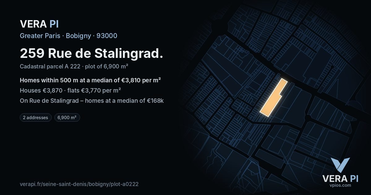 259 Rue de Stalingrad, Bobigny at night – the plot lit, the parcels around coloured by the prices near them