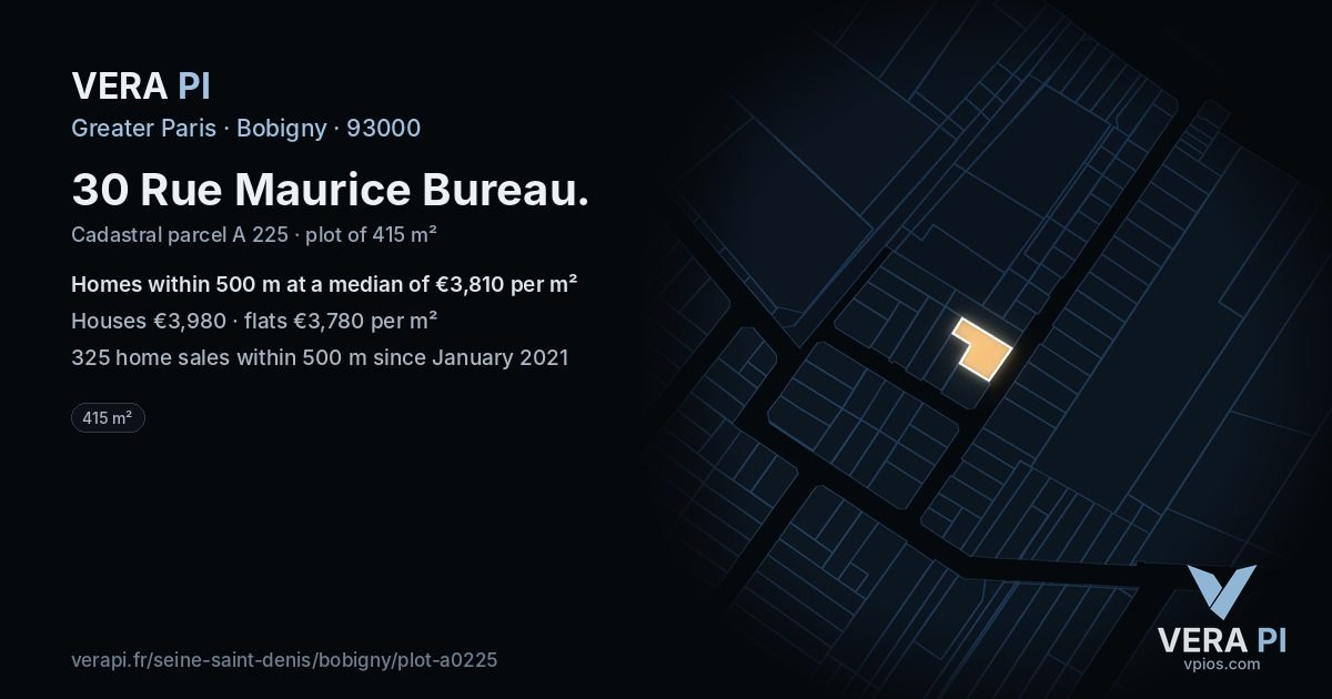 30 Rue Maurice Bureau, Bobigny at night – the plot lit, the parcels around coloured by the prices near them