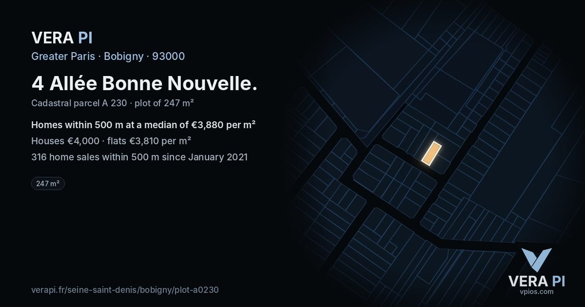 4 Allée Bonne Nouvelle, Bobigny at night – the plot lit, the parcels around coloured by the prices near them