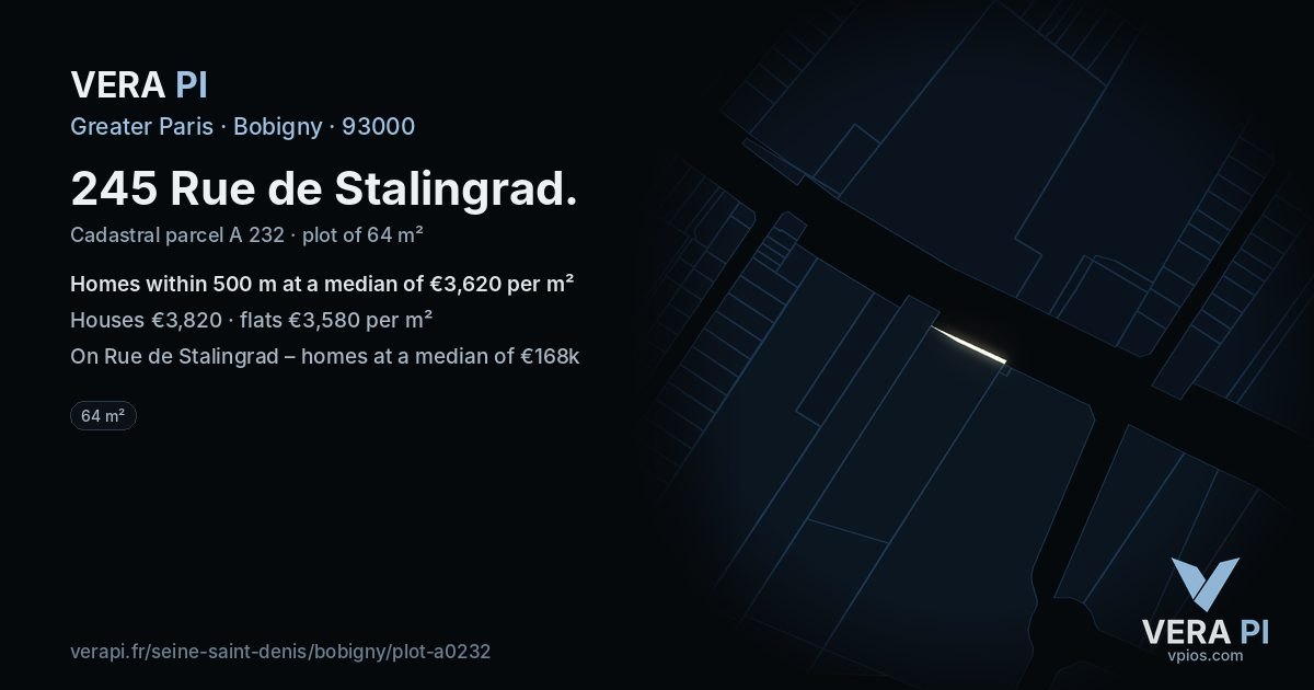 245 Rue de Stalingrad, Bobigny at night – the plot lit, the parcels around coloured by the prices near them