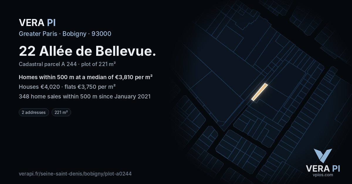 22 Allée de Bellevue, Bobigny at night – the plot lit, the parcels around coloured by the prices near them