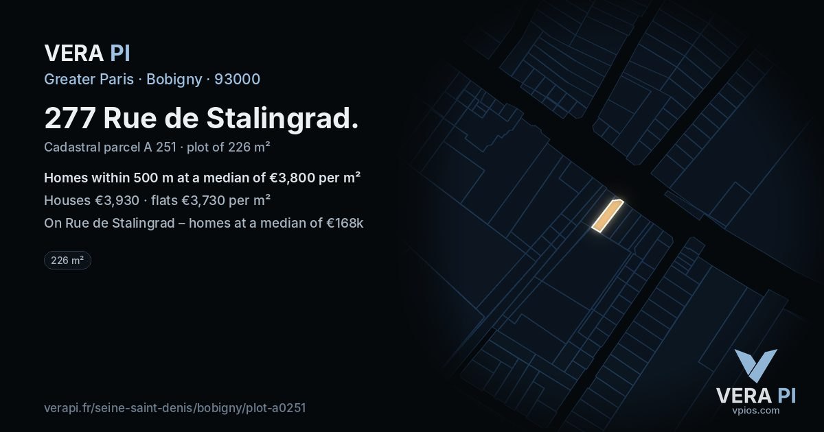 277 Rue de Stalingrad, Bobigny at night – the plot lit, the parcels around coloured by the prices near them
