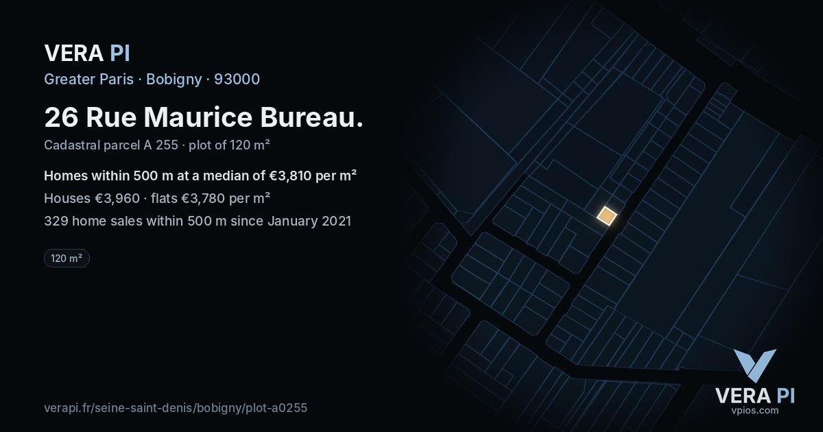 26 Rue Maurice Bureau, Bobigny at night – the plot lit, the parcels around coloured by the prices near them