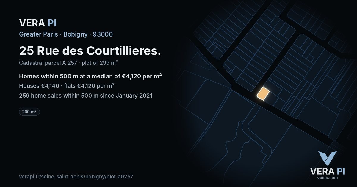 25 Rue des Courtillieres, Bobigny at night – the plot lit, the parcels around coloured by the prices near them
