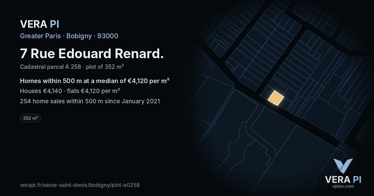 7 Rue Edouard Renard, Bobigny at night – the plot lit, the parcels around coloured by the prices near them