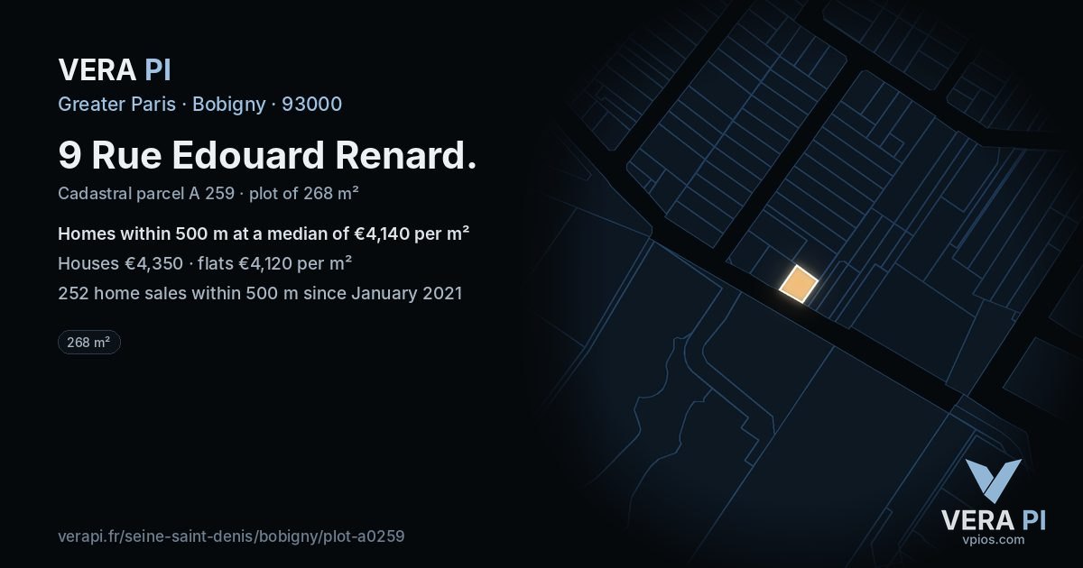 9 Rue Edouard Renard, Bobigny at night – the plot lit, the parcels around coloured by the prices near them