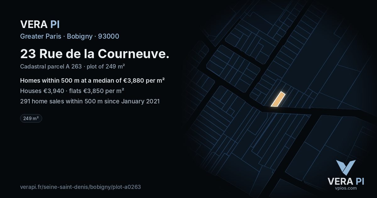 23 Rue de la Courneuve, Bobigny at night – the plot lit, the parcels around coloured by the prices near them
