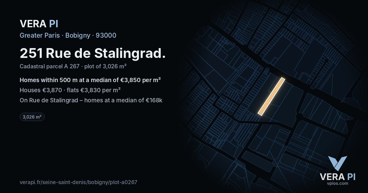 251 Rue de Stalingrad, Bobigny at night – the plot lit, the parcels around coloured by the prices near them