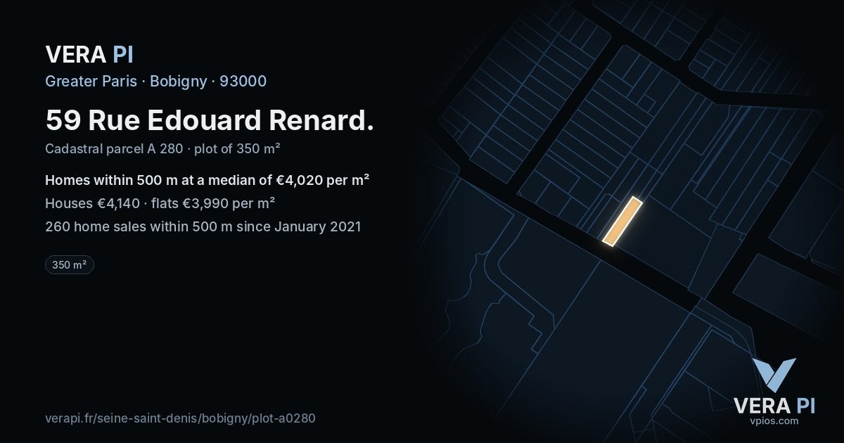 59 Rue Edouard Renard, Bobigny at night – the plot lit, the parcels around coloured by the prices near them
