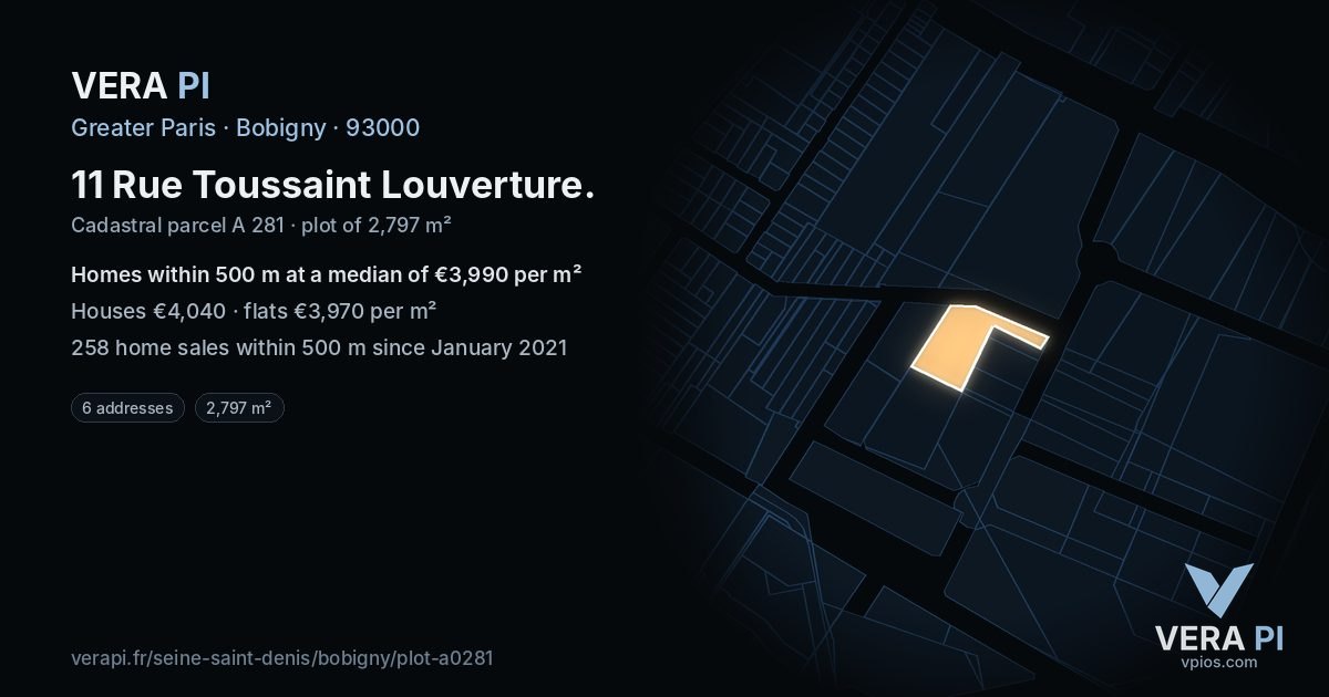 11 Rue Toussaint Louverture, Bobigny at night – the plot lit, the parcels around coloured by the prices near them