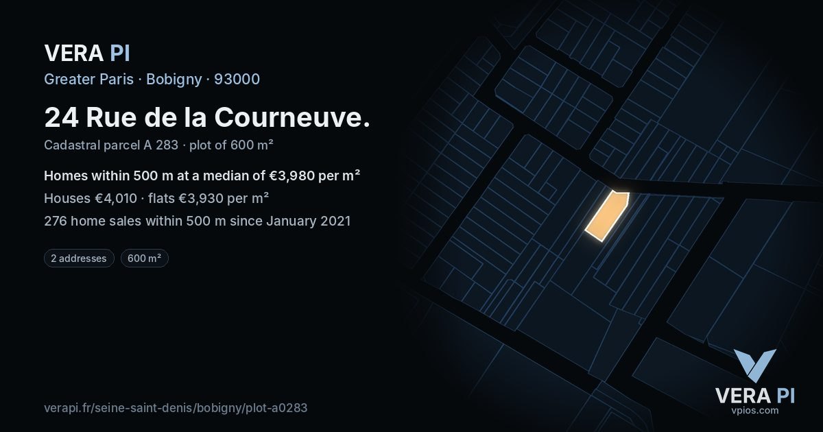 24 Rue de la Courneuve, Bobigny at night – the plot lit, the parcels around coloured by the prices near them