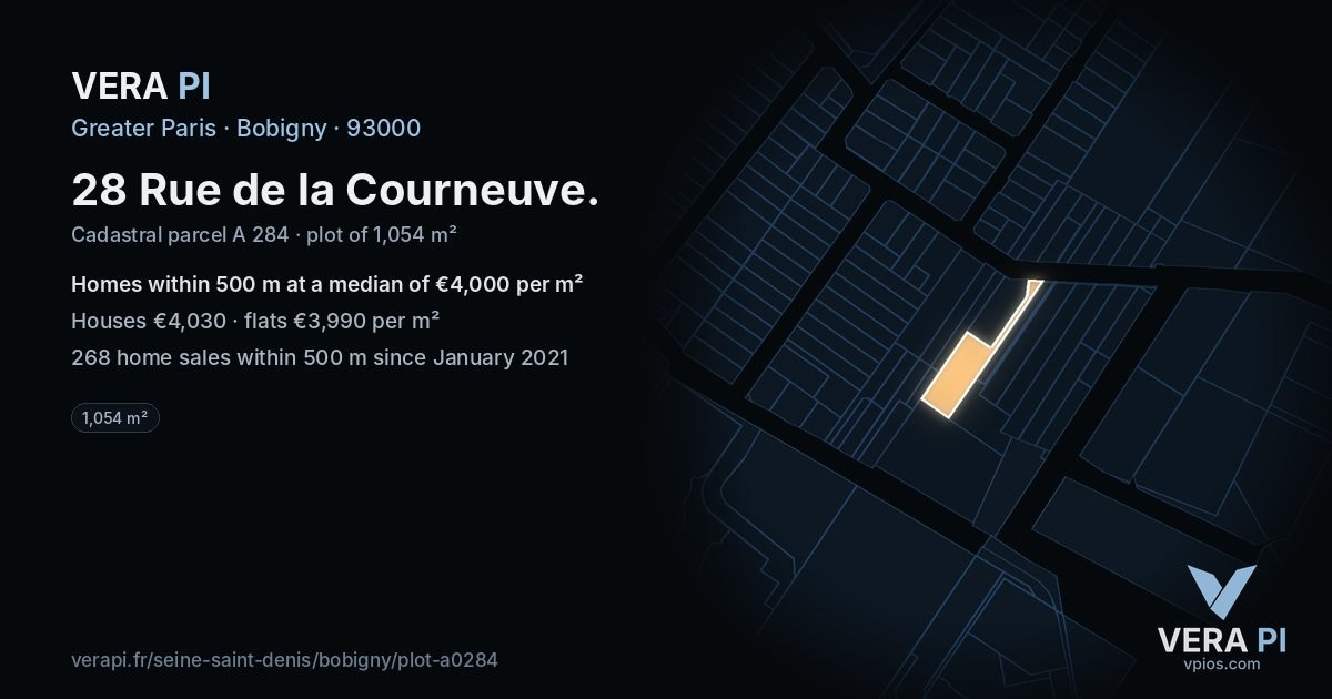 28 Rue de la Courneuve, Bobigny at night – the plot lit, the parcels around coloured by the prices near them