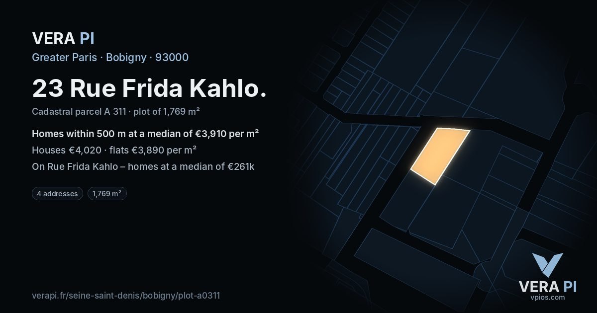 23 Rue Frida Kahlo, Bobigny at night – the plot lit, the parcels around coloured by the prices near them