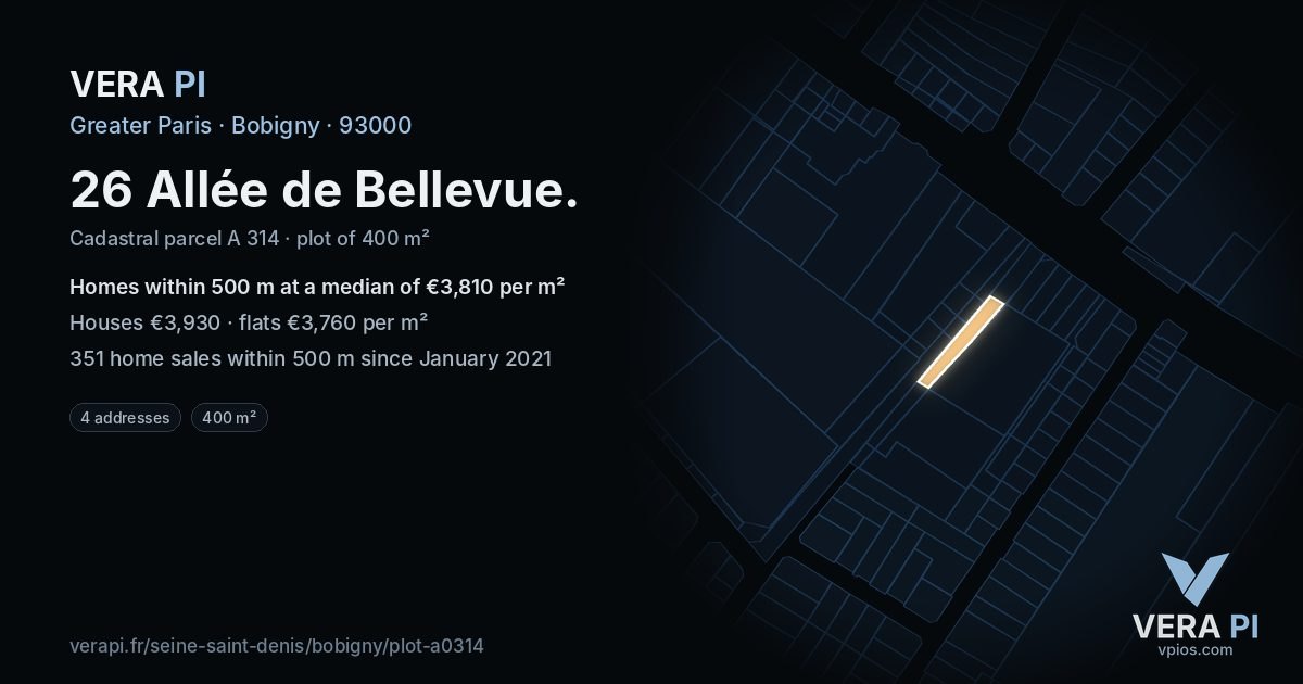 26 Allée de Bellevue, Bobigny at night – the plot lit, the parcels around coloured by the prices near them