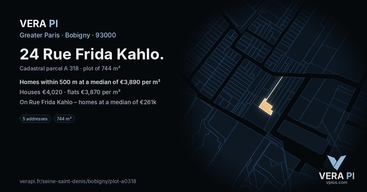 24 Rue Frida Kahlo, Bobigny at night – the plot lit, the parcels around coloured by the prices near them