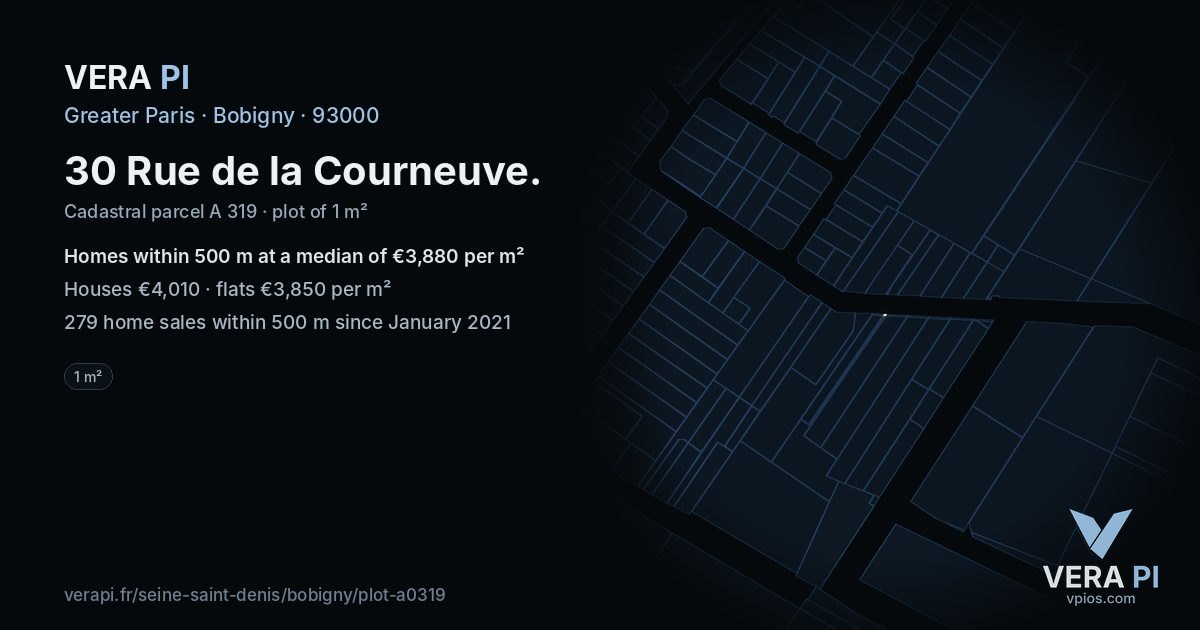 30 Rue de la Courneuve, Bobigny at night – the plot lit, the parcels around coloured by the prices near them