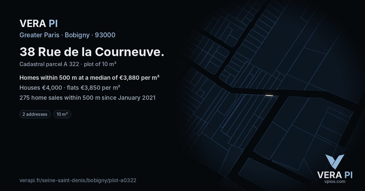 38 Rue de la Courneuve, Bobigny at night – the plot lit, the parcels around coloured by the prices near them