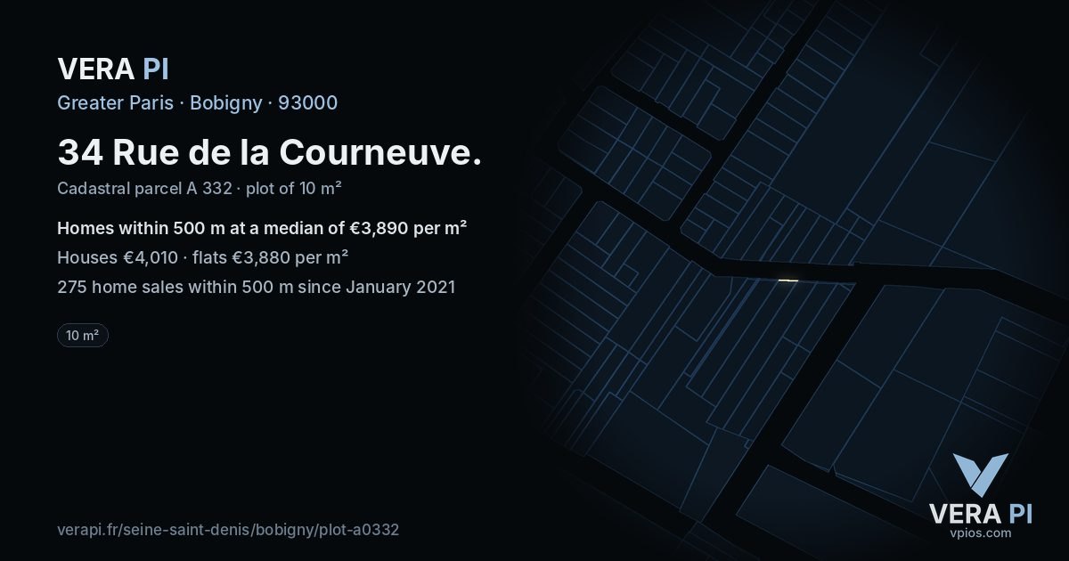 34 Rue de la Courneuve, Bobigny at night – the plot lit, the parcels around coloured by the prices near them