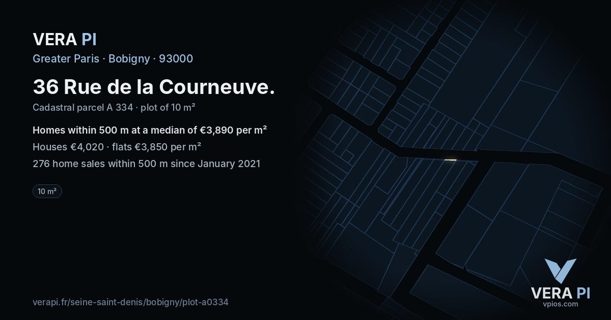36 Rue de la Courneuve, Bobigny at night – the plot lit, the parcels around coloured by the prices near them