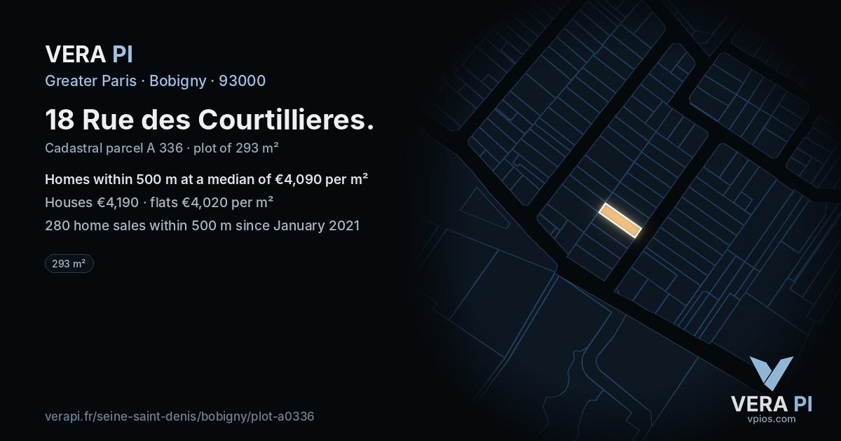 18 Rue des Courtillieres, Bobigny at night – the plot lit, the parcels around coloured by the prices near them