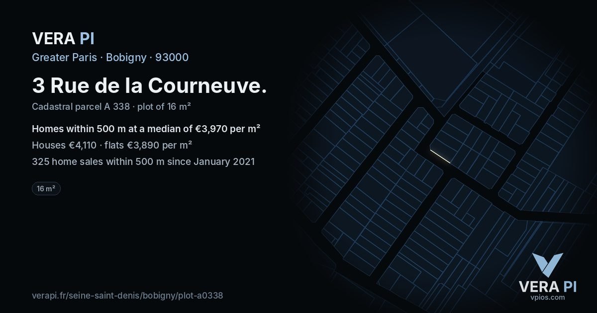 3 Rue de la Courneuve, Bobigny at night – the plot lit, the parcels around coloured by the prices near them
