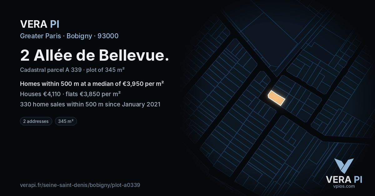 2 Allée de Bellevue, Bobigny at night – the plot lit, the parcels around coloured by the prices near them