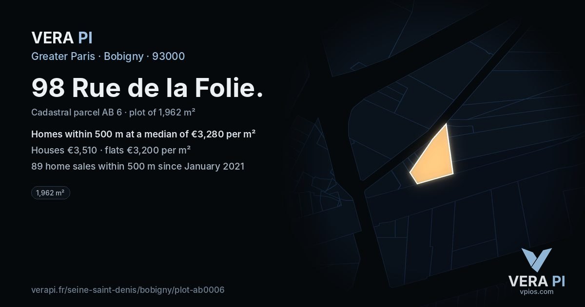 98 Rue de la Folie, Bobigny at night – the plot lit, the parcels around coloured by the prices near them