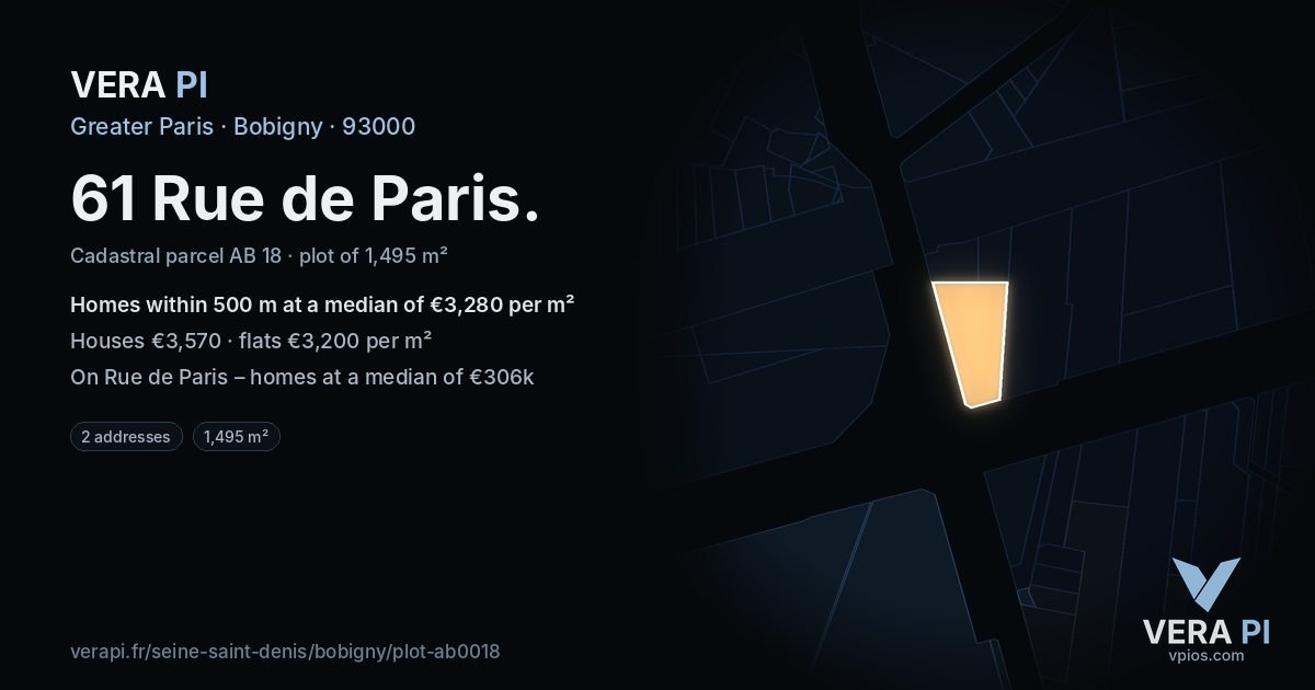 61 Rue de Paris, Bobigny at night – the plot lit, the parcels around coloured by the prices near them