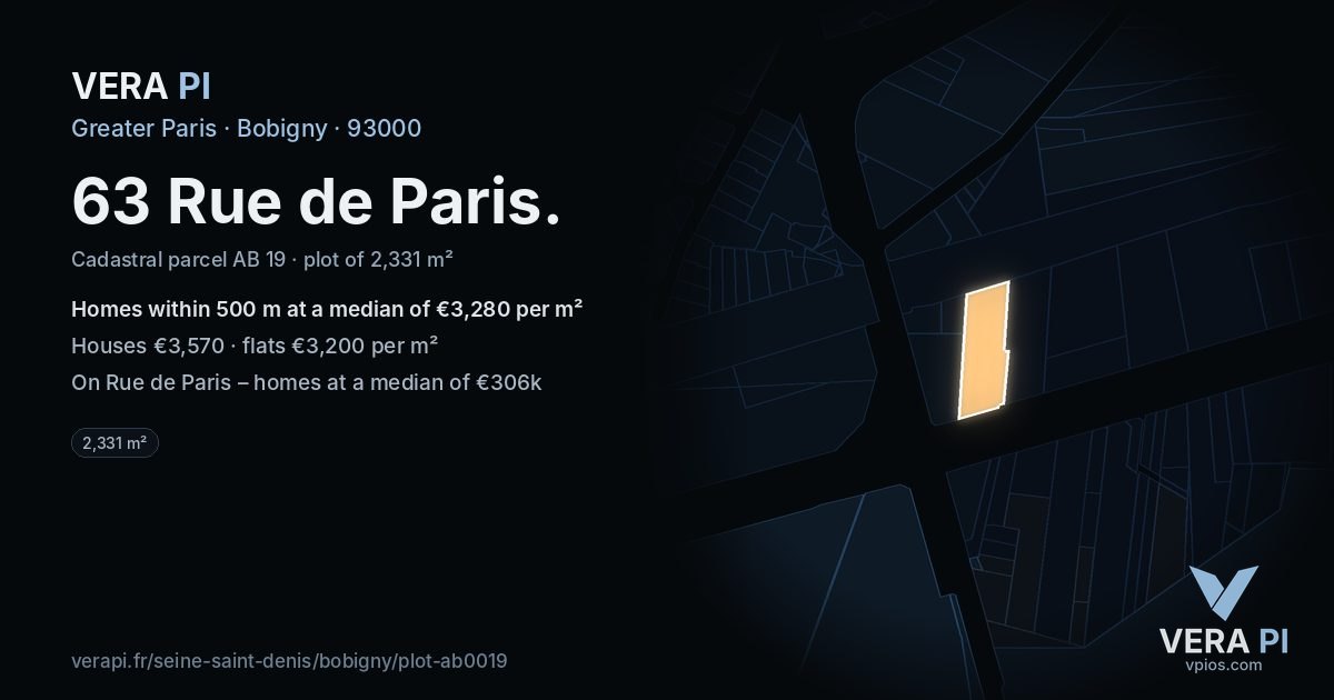 63 Rue de Paris, Bobigny at night – the plot lit, the parcels around coloured by the prices near them