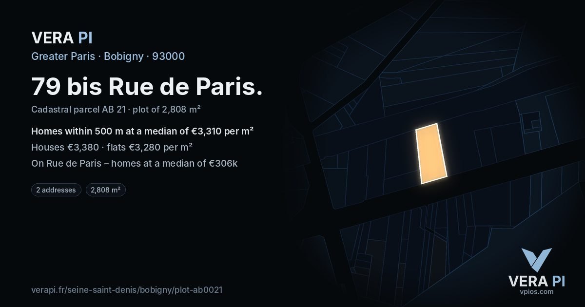 79 bis Rue de Paris, Bobigny at night – the plot lit, the parcels around coloured by the prices near them