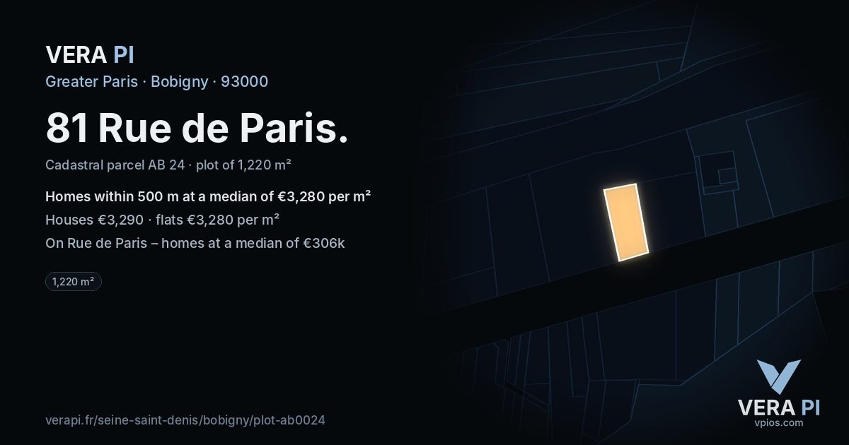 81 Rue de Paris, Bobigny at night – the plot lit, the parcels around coloured by the prices near them