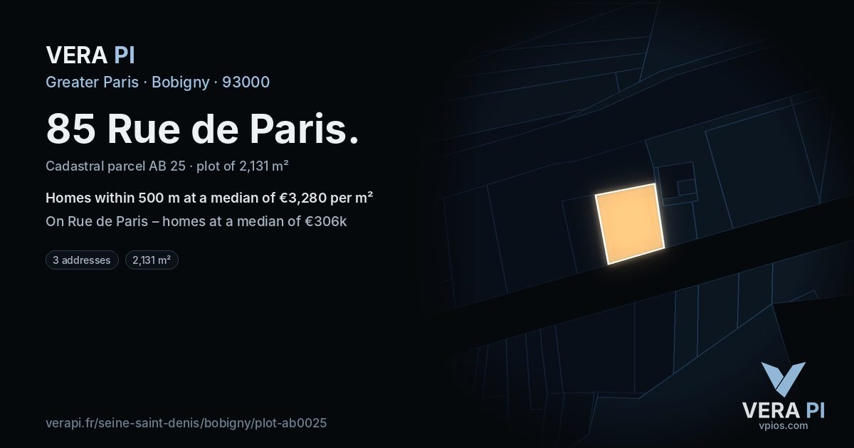 85 Rue de Paris, Bobigny at night – the plot lit, the parcels around coloured by the prices near them