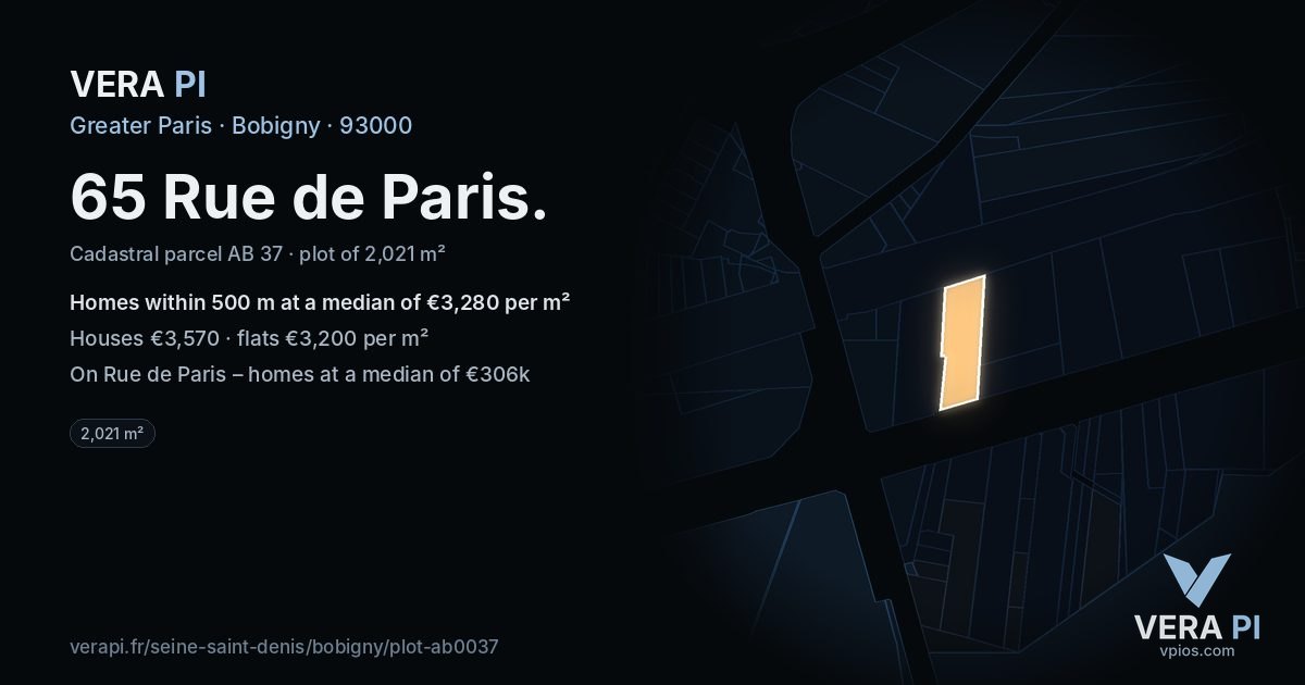 65 Rue de Paris, Bobigny at night – the plot lit, the parcels around coloured by the prices near them