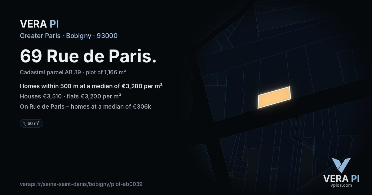 69 Rue de Paris, Bobigny at night – the plot lit, the parcels around coloured by the prices near them