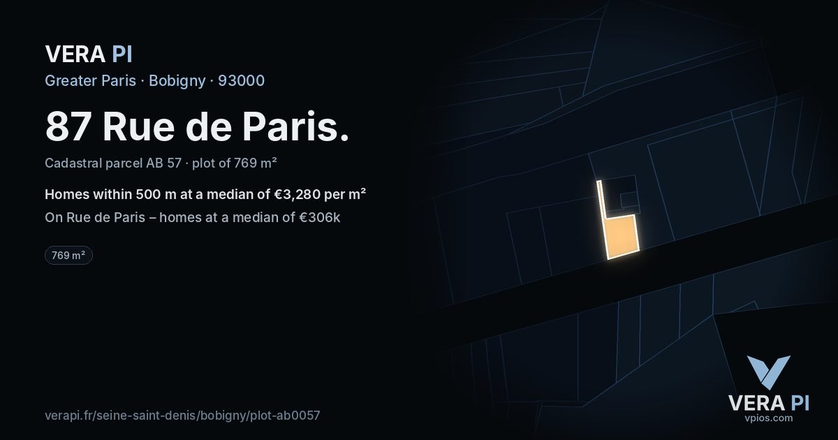 87 Rue de Paris, Bobigny at night – the plot lit, the parcels around coloured by the prices near them
